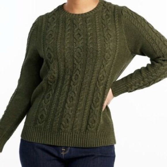LL Bean Green Double L Mixed Cable Cotton Crewneck Pullover Sweater LARGE PETITE - Picture 1 of 10